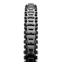 Front view mountain bike tyre, with large knobs for traction.